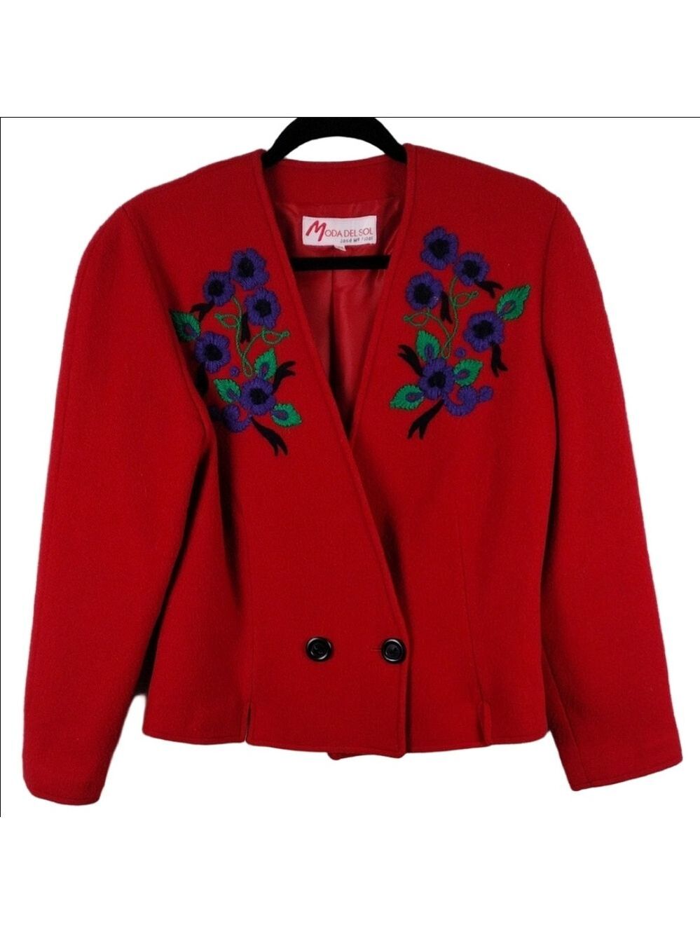 Moda Del Sol Vintage Red Wool Blend Floral Embroidered Double Breasted Blazer